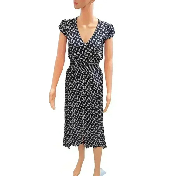 Navy Floral Midi Dress with Cap Sleeves - Picture 5 of 7